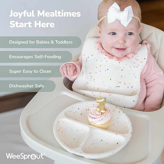WeeSprout Baby Led Weaning Bundle, Silicone Suction Bowl, Spoons, Bib & Cup, Develops Self Feeding Skills, Dishwasher Safe (Blue)