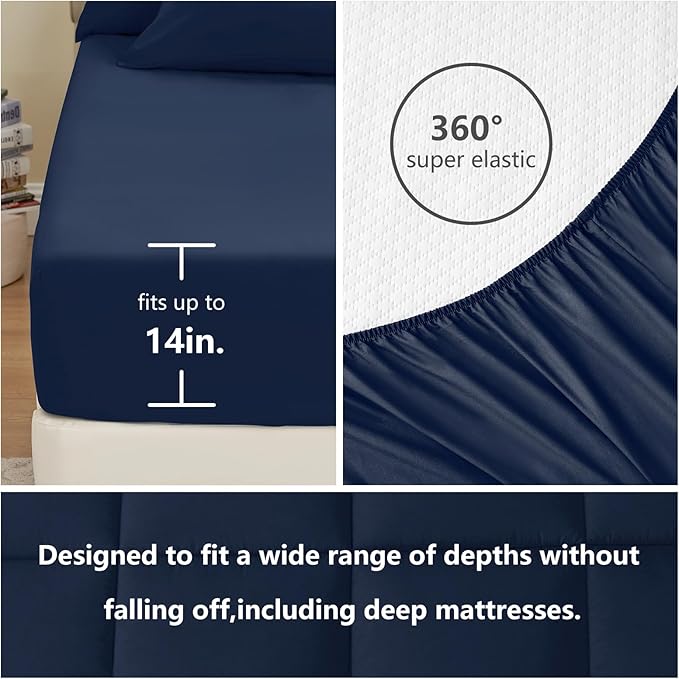 CozyLux California King Comforter Sets Navy Blue, 7 Pieces Cal King Bed in a Bag, All Season Bedding Sets with Stitch Quilted Comforter, Flat Sheet, Fitted Sheet, Pillowcases