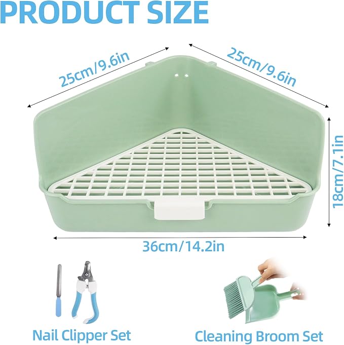 Large Rabbit Litter Box 10" x 10" x 7" with Broom & Grooming Kit, Low-Entry Corner Toilet Pan for Potty Training Rabbits Bunny Guinea Pigs Ferrets (Green)