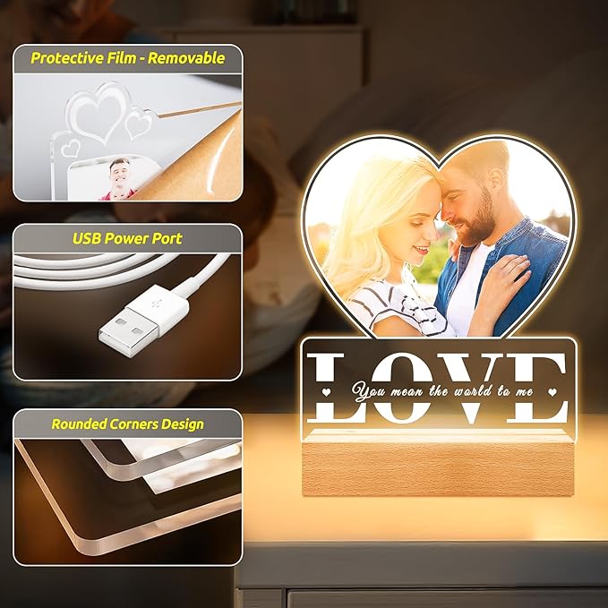 Personalized Picture Frame with Photo, Custom Photo Frame with Night Light, Customized Gifts for Girlfriend Boyfriend, Personalized Christmas Anniversary Couple Gifts for Women Men Her Him Wife