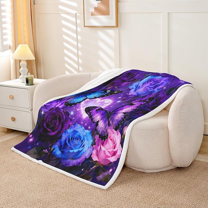 Feelyou Girls Butterfly Fleece Throw Blanket Baby 30"x40" Kids Dreamy Purple Butterflies Sherpa Blanket Plush Fuzzy for Bed Couch Chair Living Room, Rose Flower Bed Blanket Room Decor