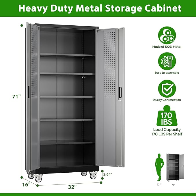 71" H Metal Garage Storage Cabinet with Wheels，Steel Storage Cabinet with Door,5 Adjustable Shelves and Pegboard for Garage Home,Required Assembly,Black &Dark Grey