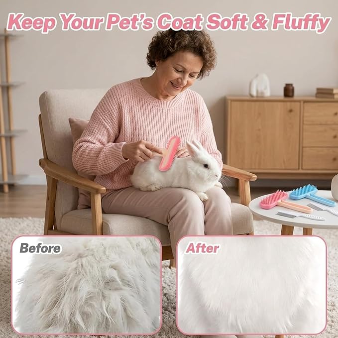 4pcs Bunny Brush Set, Rabbit Brush, Professional Bunny Grooming Tools for Rabbit Care, Pet Hair Maintenance for Shedding Season & Bath Time, in Pink, Blue and White Color