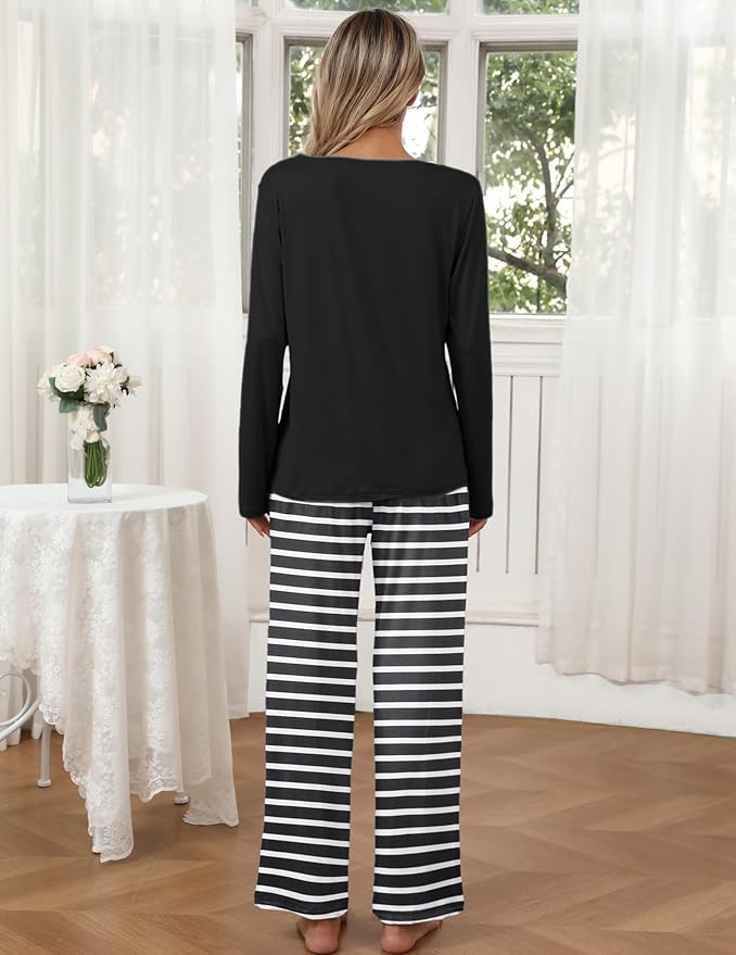 Ekouaer Womens 2 Pack Pajama Set Long Sleeve Pajamas Top and Pants V Neck Pjs Set Soft Loungewear with Pockets