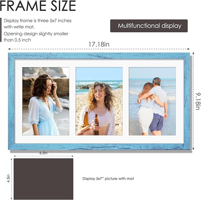 8x16 Collage Picture Frame 5x7 Collage Picture Frame Displays Three 5x7 inch Photos or 8x16 (Without Mat) for Available Horizontal Wall Mounting Display and Vertical Blue