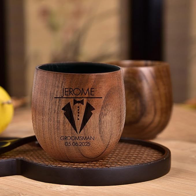 Personalized Whiskey Glasses Custom Wooden Whiskey Glass Groomsmen Gifts Bourbon Drinking Glasses Gifts with Any Text for Birthday Christmas Fathers Day Wedding (Design 4)