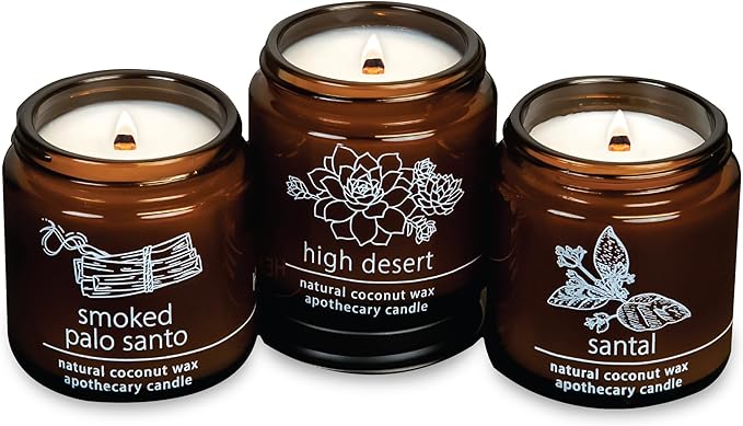 Hemlock Park Apothecary Wood Wick Candle Trio | Gift Set of Three 4 oz Candles Handcrafted with Natural Coconut Wax (High Desert | Palo Santo, Sage, High Desert)