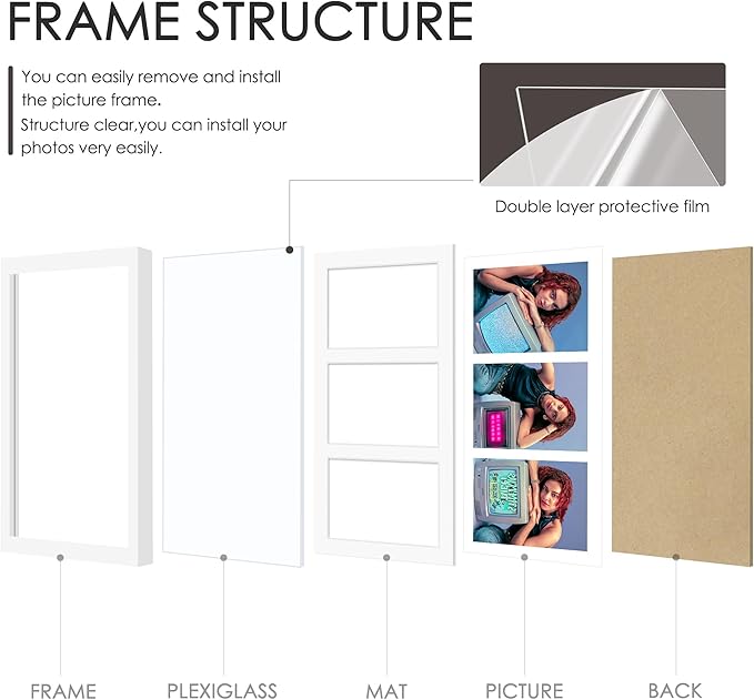 8x16 Collage Picture Frame, 5x7 Collage Picture Frame Displays Three 5x7 inch Photos, or 8x16 (Without Mat) for Available Horizontal Wall Mounting Display and Vertical, White.