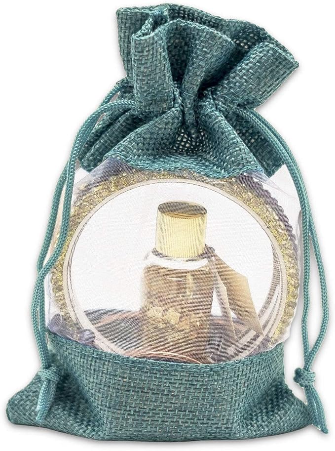 48-Pack Small Linen Burlap & Organza Gift Bags w. Drawstrings (3.5x5.5 in, Teal) - Party Favors, Presents, Samples & Treats Mesh Pouch by The Display Guys