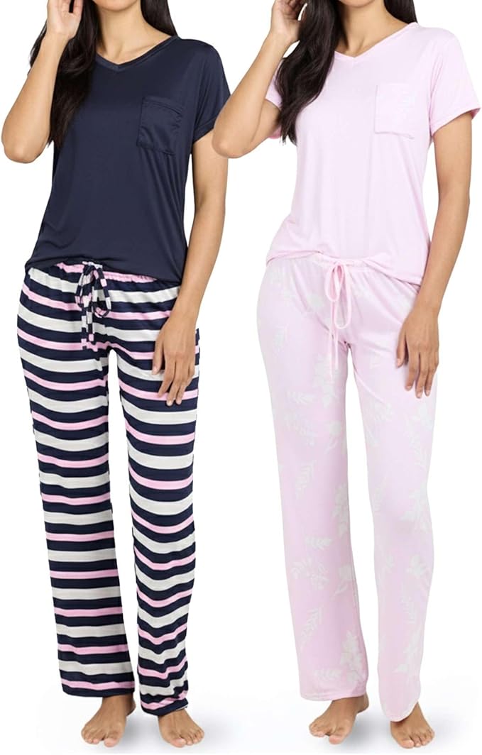 Real Essentials 2 Pack: Women's Comfy Pajama Sets - Short & Long Sleeve Ladies Loungewear Sleepwear PJs (Available In Plus)