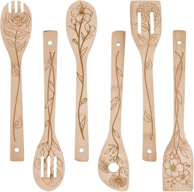 GLOBLELAND 6Pcs Floral Bamboo Cooking Utensils Wooden Engraved Cooking Spoons Set Carving Kitchen Bamboo Spatula Set for Women and Men Wood Cooking Spoon for Kitchen House Warming Gift