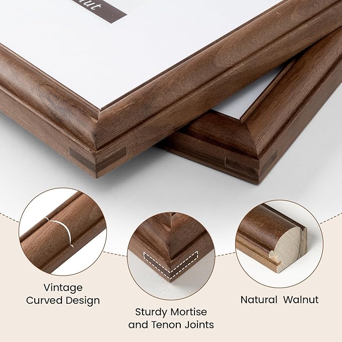 Natural Walnut 9x12 Picture Frames Mat to 6x8 Picture Display Set of 3,Original Wood Handcrafted 9x12 Wooden Photo Frame with Tempered Glass Graduation Family Wedding Pictures Tabletop & Wall Decor