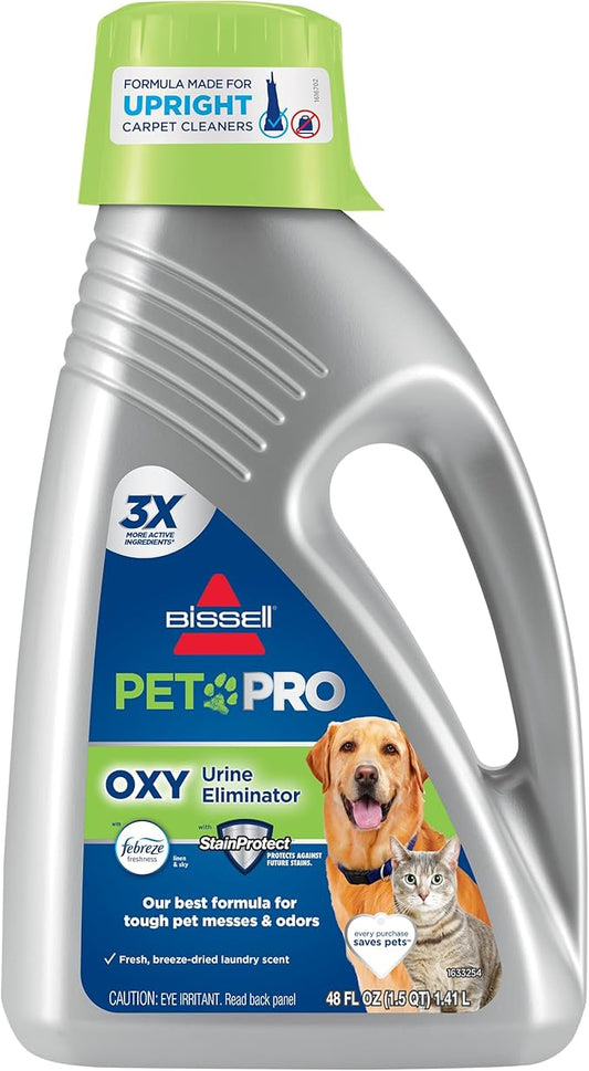 Bissell PET PRO OXY Urine Eliminator with Febreze Carpet Deep Clean Solution, with StainProtect Technology, for use in leading upright carpet cleaners, 48oz, Our best formula for pet messes & odors