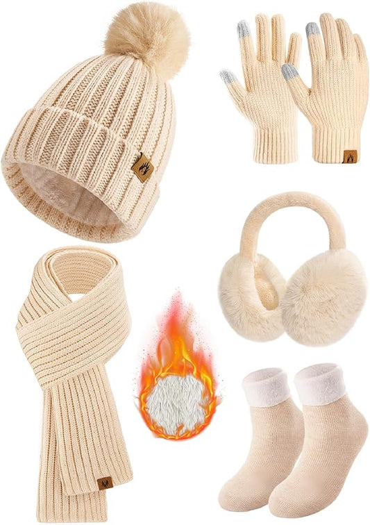 HEEKPEK Winter Beanie Hats Scarf Gloves Ear Muffs Fuzzy Socks 5pcs Set for Women Cold Weather Beanies Touch Screen Gloves
