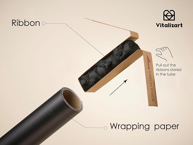 Vitalizart Black Matte Metallic Wrapping Paper Set 30" With Silk Satin Ribbon & Gift Tags Christmas Gift Wrapping Birthday Baby Shower Wedding Bouquets Handmade Crafts 197"(16.4 Ft) Black Ribbon
