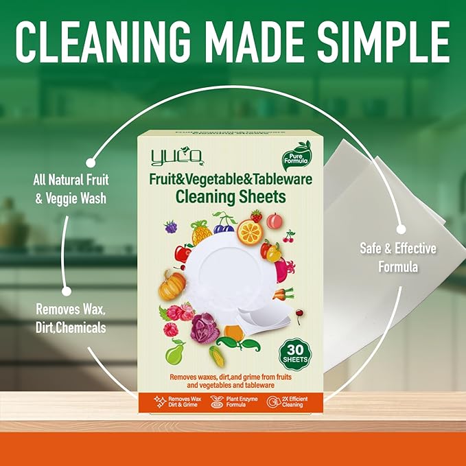 YUCO Fruit and Vegetable Wash Sheets, Easy & Quick Effective Removes Wax,Oil,Dirt,Harmful Chemical Residues from Organic Produce, Allowing Fresh Longer, For Spray Wash and Soak wash, 30 Sheets