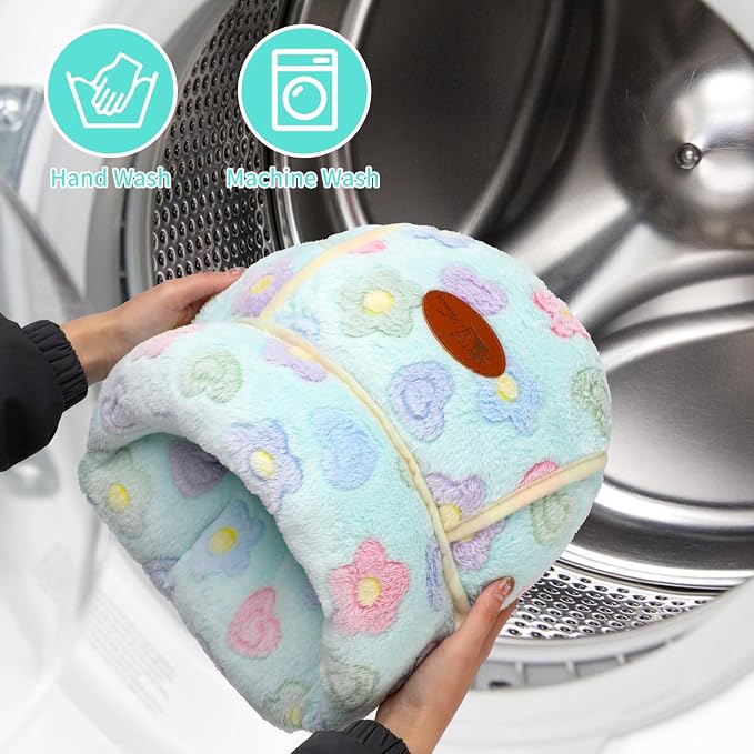 YUEPET Guinea Pig Bed, Warm Fleece Cuddle Cave, Green Flower | Cozy Guinea Pig House, Portable Guinea Pig Hideout, Soft Coral Fleece, Washable Cushion, Slipper Shape