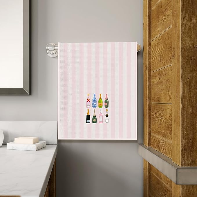 Preppy Pink Champagne Wine Kitchen Towels, Gifts for Champagne Lovers Dish Tea Towels, Pink Striped Sparkling Wine Decorative Hand Towel for Kitchen Bar Cart, 16x24 Inch