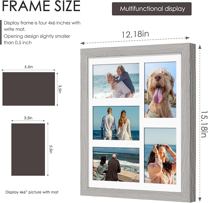 11x14 Collage Picture Frame, 4x6 Collage Picture Frame, Displays Five 4x6 inch Photos, or 11x14 (Without Mat) Wall Decor Wall Hanging or Tabletop, Grey.