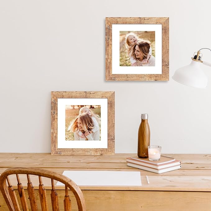 iRahmen 8x8 Picture Frame Set of 4 with HD Glass, Display 6x6 Pictures with Mat or 8 x 8 Without Mat, Square Wood Photo Frame for Wall Mount and Tabletop Display