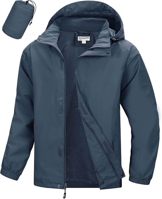 33,000ft Men's Packable Rain Jacket Waterproof Lightweight Raincoat Rain Shell with Hood for Outdoor Hiking Golf Travel