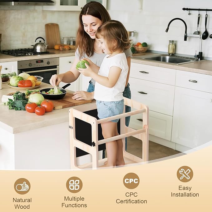Toddler Kitchen Step Stool, 4-in-1 Foldable Standing Tower with Blackboard, Toddler Step Stool for Bathroom Sink, Kitchen Counter, Ages 18 Months+