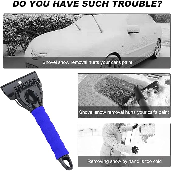 Ice Scraper for Car Windshield, Scratch Free Foam Gripped Windscreen Snow Scraper Frost Ice Crusher, Winter Window Snow Shovel Frost Removal Tool for Car Small Trucks (Blue)