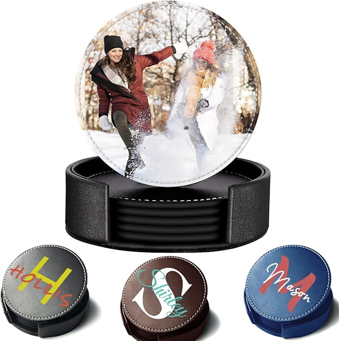 Custom Photo Coasters, Personalized Set of 5 Leather Coaster with Holder Customize Logo Name Monogram, Non-Slip Heat Resistant Waterproof for Coffee Table Bar Beer Wine Cup Housewarming Wedding Party