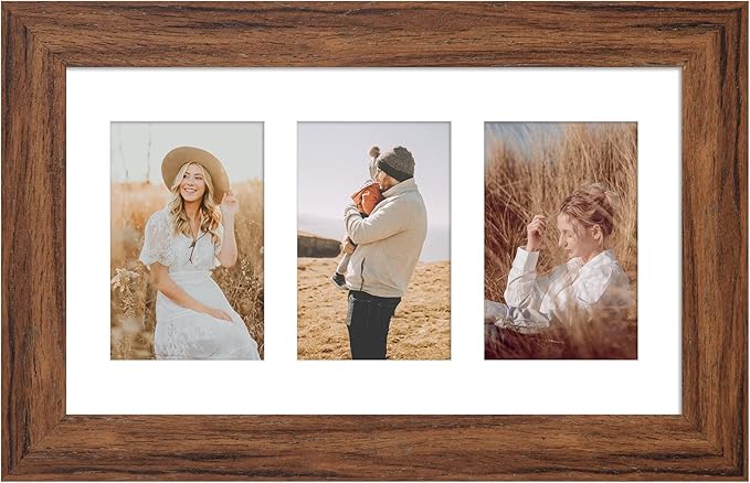 8x14 Picture Frame Display 3 opening 4X6 Picture Frame Collage,Multi Photo Frame with Mat,Plexiglass,Wall Hanging Decor,Carbonized Brown Wood Grain