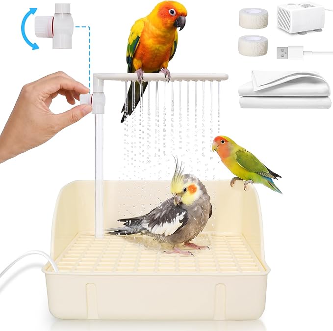 Automatic Parakeet Bird Bath with Pump & Control Valve for Tame Birds | Large Bird Shower Fountain Indoor Bathtub, Parrot Bath Tub Faucet for Pet Birds, Cockatiel, African Grey, Conure, Lovebird
