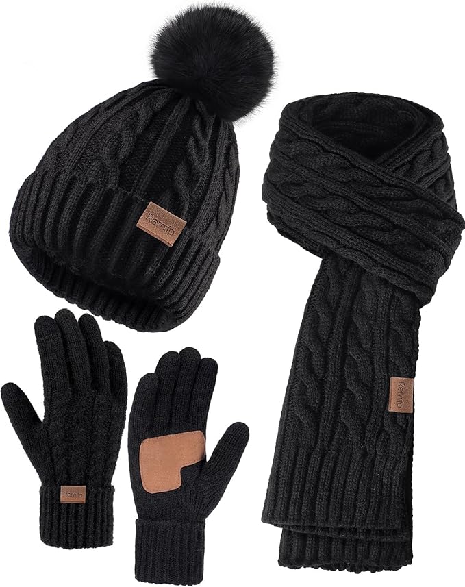 Remifa Winter Hat Scarf Gloves Set for Women, 3 PCS Beanie Hat Touchscreen Glove Long Neck Kint Scarf Valentines Gifts