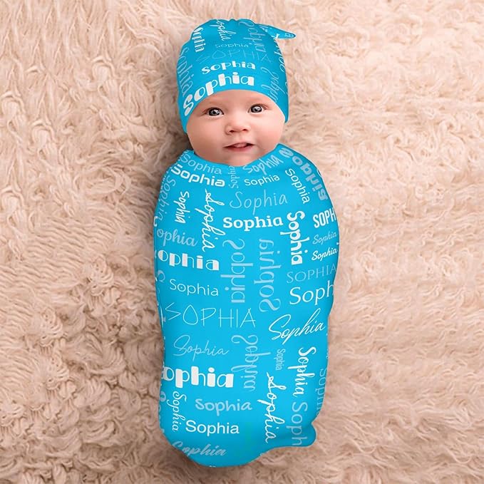 Swaddle Blanket with Hat Set Newborn Name Lettering Blue Receiving Blankets Baby Swaddle Wrap Soft Sleep Sack for Baby Boys and Girls