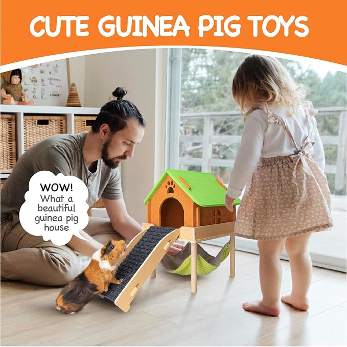BESNEW 3 in 1 Enlarged Guinea Pig Hammock with House & Platform,Wooden Guinea Pig Hideout with Hammock & Stairs Small Animal Toys for Hiding Sleeping Activities