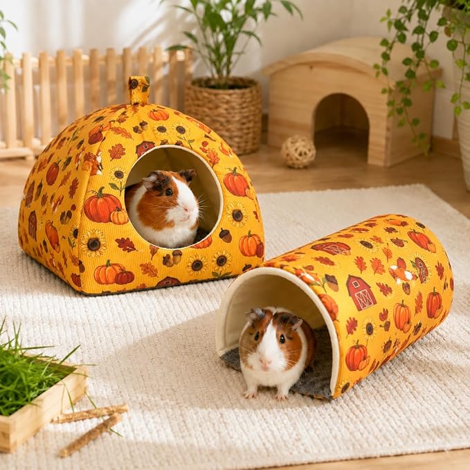 Guinea Pig Hideout Tunnel Set, 2 Pack Washable Small Animal Bed with Removable Cushion, Hamster Hideout Play Tunnel Toys for Guinea Pigs, Hamsters, Hedgehogs, Ferrets, Orange Pumpkin