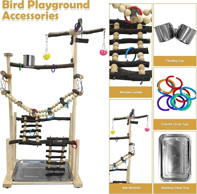 kathson Large Bird Playground - Natural Wood Perch Gym 4 Layers Parrot Playstand Activity Center with Perches Ladder Chew Toys Removable Tray and 2 Stainless Steel Cups for Small and Middle Birds