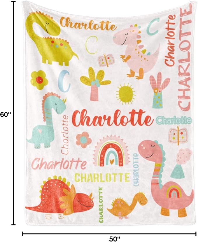 Personalized Dinosaur Blanket with Name for Girl, Custom Name Blanket for Teen, Soft Flannel Pink Dinosaur Toddler Blanket Customized Gift for Birthday 50"x60"