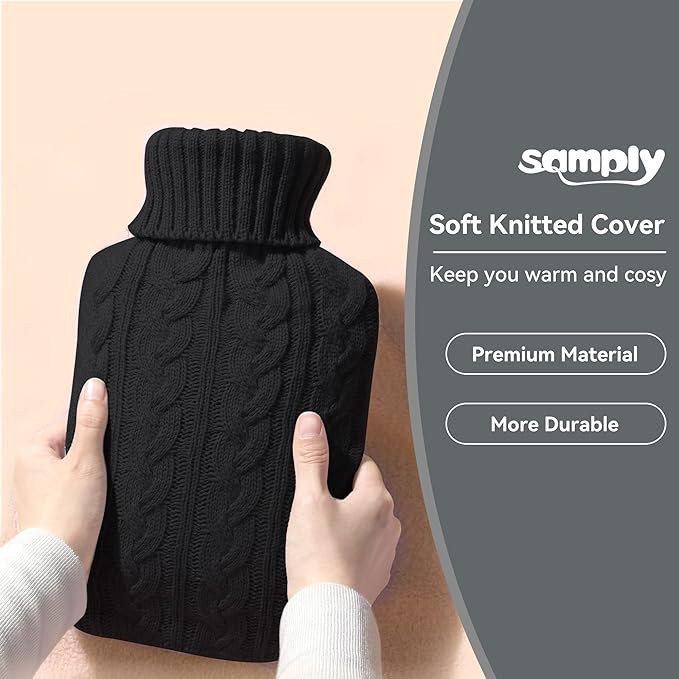 samply Hot Water Bottle with Knitted Cover, 2L Hot Water Bag for Hot and Cold Compress, Hand Feet Warmer, Ideal for Menstrual Cramps, Neck and Shoulder Pain Relief,Black