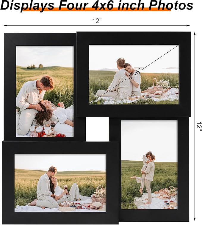 4x6 Collage Picture Frames Set of 1, Multi Family Photo Frame with Real Glass, Displays Four 4x6 Photo, Wall Decor Wall Hanging or Tabletop, Black