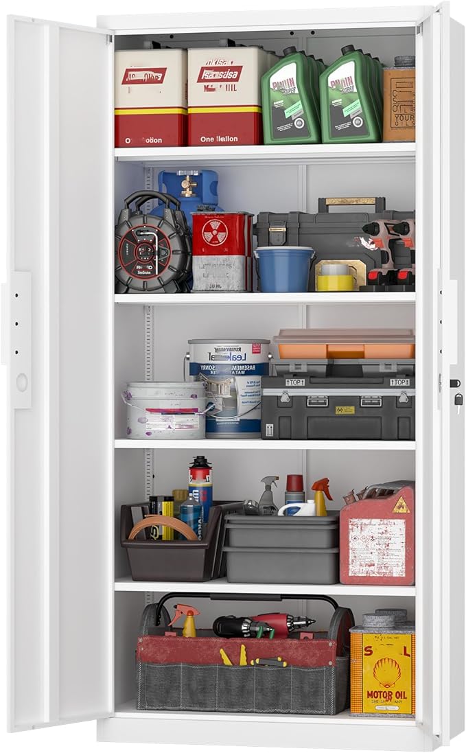 GREATMEET Metal Garage Storage Cabinets, 72" Tall Locking Cabinets with Doors and Shelves, Utility Cabinet with Lock for Garage, Home, White