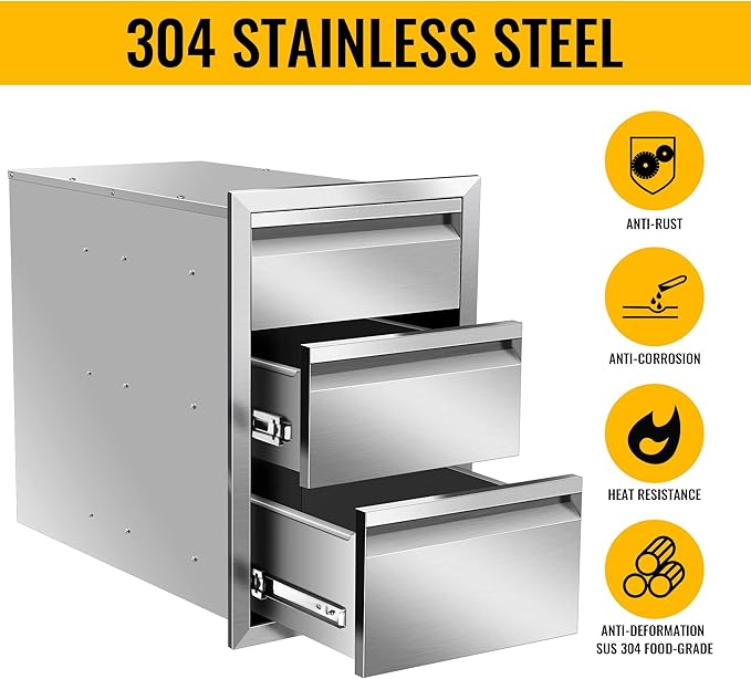 Outdoor Kitchen Drawers Stainless Steel 14W X 21H X 23D Inch, Flush Mount Triple BBQ Island Drawers with Hidden Handle for Outdoor Kitchens, Patio or Grill Station