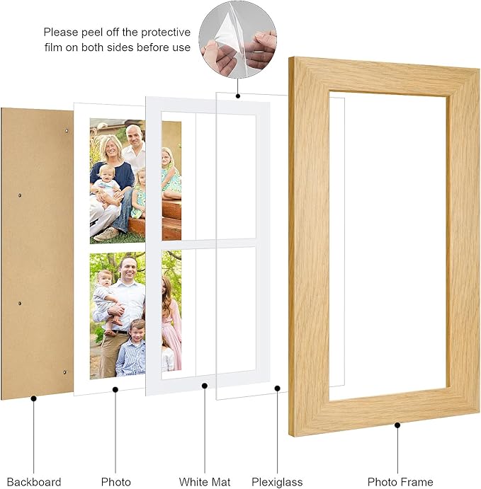 6x15 Picture Frame Display 2 opening 5X7 Double Picture Frame Collage,Multi Photo Frame with Mat,Plexiglass,Horizontal and Vertical Formats for Wall Decor,Natural Wood Grain