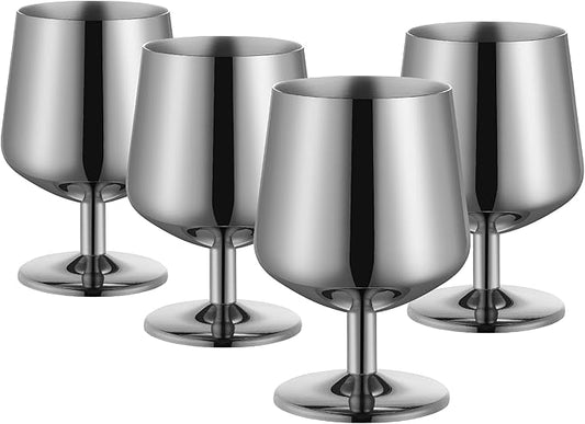 12oz Cognac Glass Set of 4, Brandy Snifter Glass, Stemmed Whiskey Glass, Spirits Bourbon Tasting Sniffer, Stainless Steel 18/10, Silver, Dishwasher Safe, Ideal Gift for Men, Wine Lover