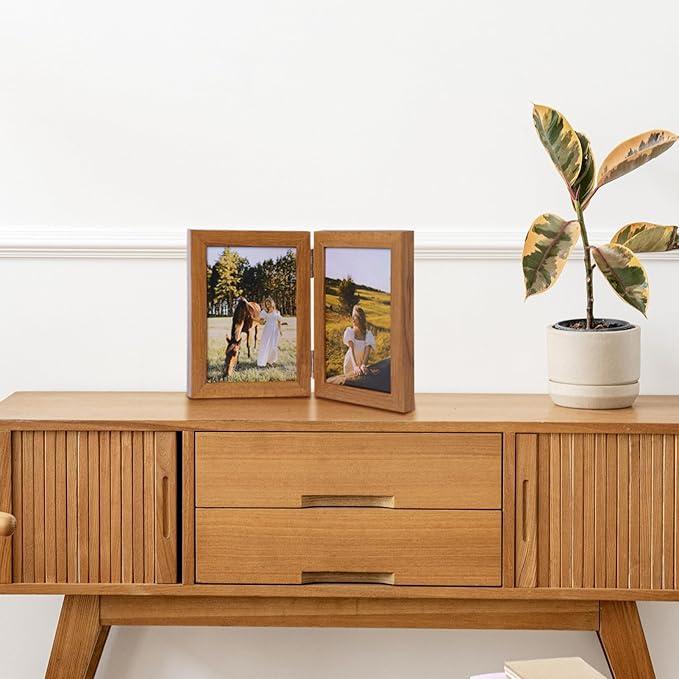 Double Vertical 4X6 Hinged PS Family Picture Frame Collage For Desktop or Tabletop (Wood Grain 46X2)