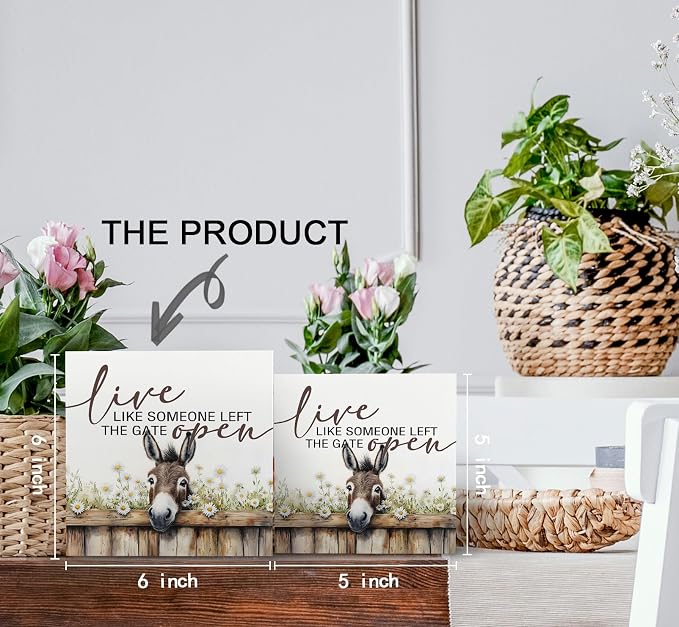 Donkey Decor Signs,Farm House Cottagecore Animal Wooden Signs,Rustic Farmhouse Live Like Someone Left The Gate Open Wood Sign,Donkey Animal Office Bedroom Kitchen Decor,6x6
