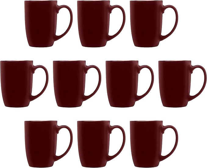 DISCOUNT PROMOS 10 Large Mocha Glossy Ceramic Coffee Mugs Set, 16 oz. - Stoneware, Smooth, Durable, C-handle - Maroon