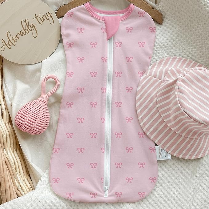 Baby Swaddle 0-2 Months, Cotton Arm-In Zipper Sleep Sack, Wearable Blankets Wrap for Newborn Infant Girls (Bow, Heart, Strawberry, Pack of 3)