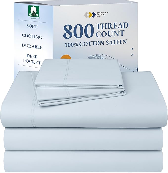 California Design Den Split Top King Sheets Sets for Adjustable Bed - Luxury Hotel 800 Thread Count Sateen, Natural 100% Cotton Sheets, Durable Deep Pockets Bedding Set - Blue (Grey Tone)