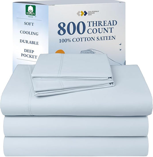 California Design Den Split Top King Sheets Sets for Adjustable Bed - Luxury Hotel 800 Thread Count Sateen, Natural 100% Cotton Sheets, Durable Deep Pockets Bedding Set - Blue (Grey Tone)