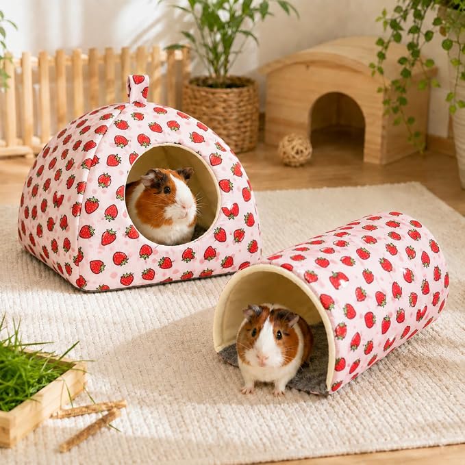 Guinea Pig Hideout Tunnel Set, 2 Pack Washable Small Animal Bed with Removable Cushion, Hamster Hideout Play Tunnel Toys for Guinea Pigs, Hamsters, Hedgehogs, Ferrets, Pink Strawberry