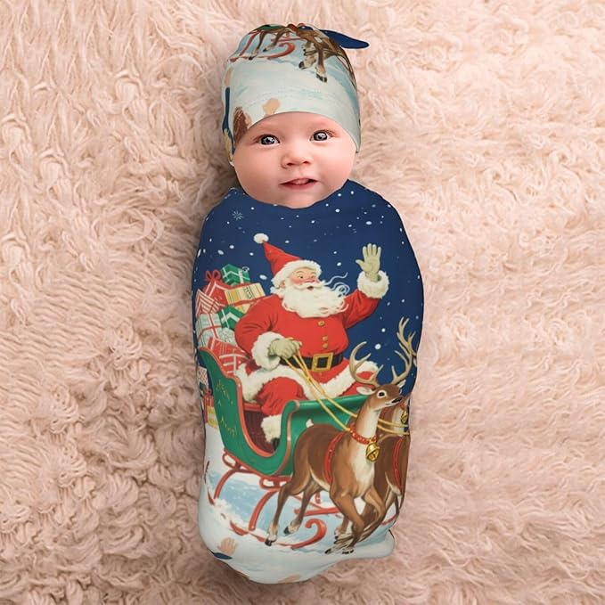 Christmas Baby Swaddle Blanket and Hat Set for Newborn Boys Girls Soft Infant Wrap Sleep 0-6 Months Xmas Santa